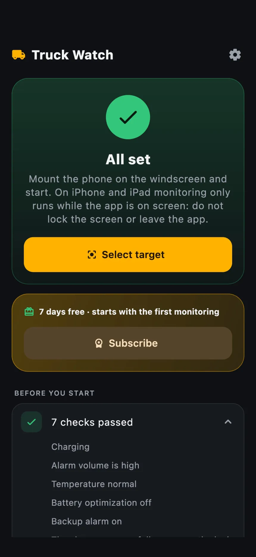 Home screen: all set, Select target button and pre-alarm checks
